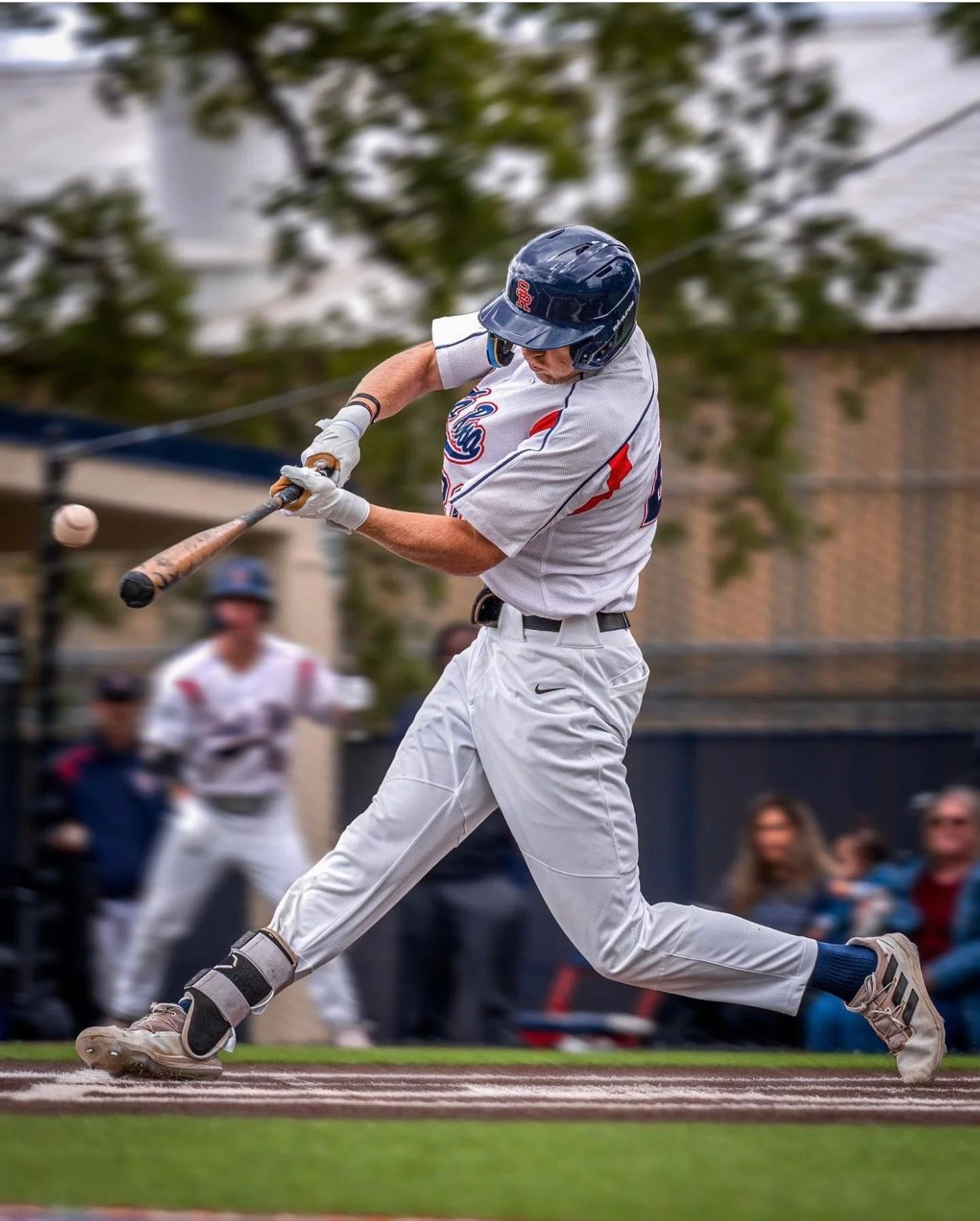 Bryce Cannon swinging a bat during a game with spectators in the background.