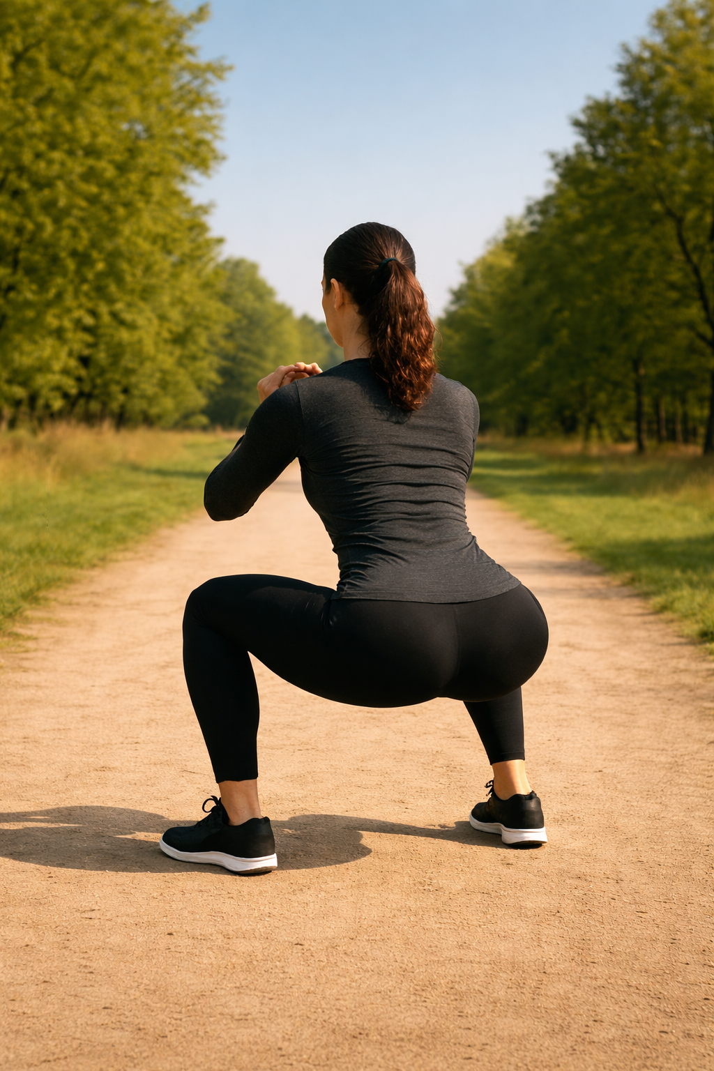 A woman in black athletic clothes is squatting on a dirt path in a park, surrounded by green trees, with a clear blue sky above.