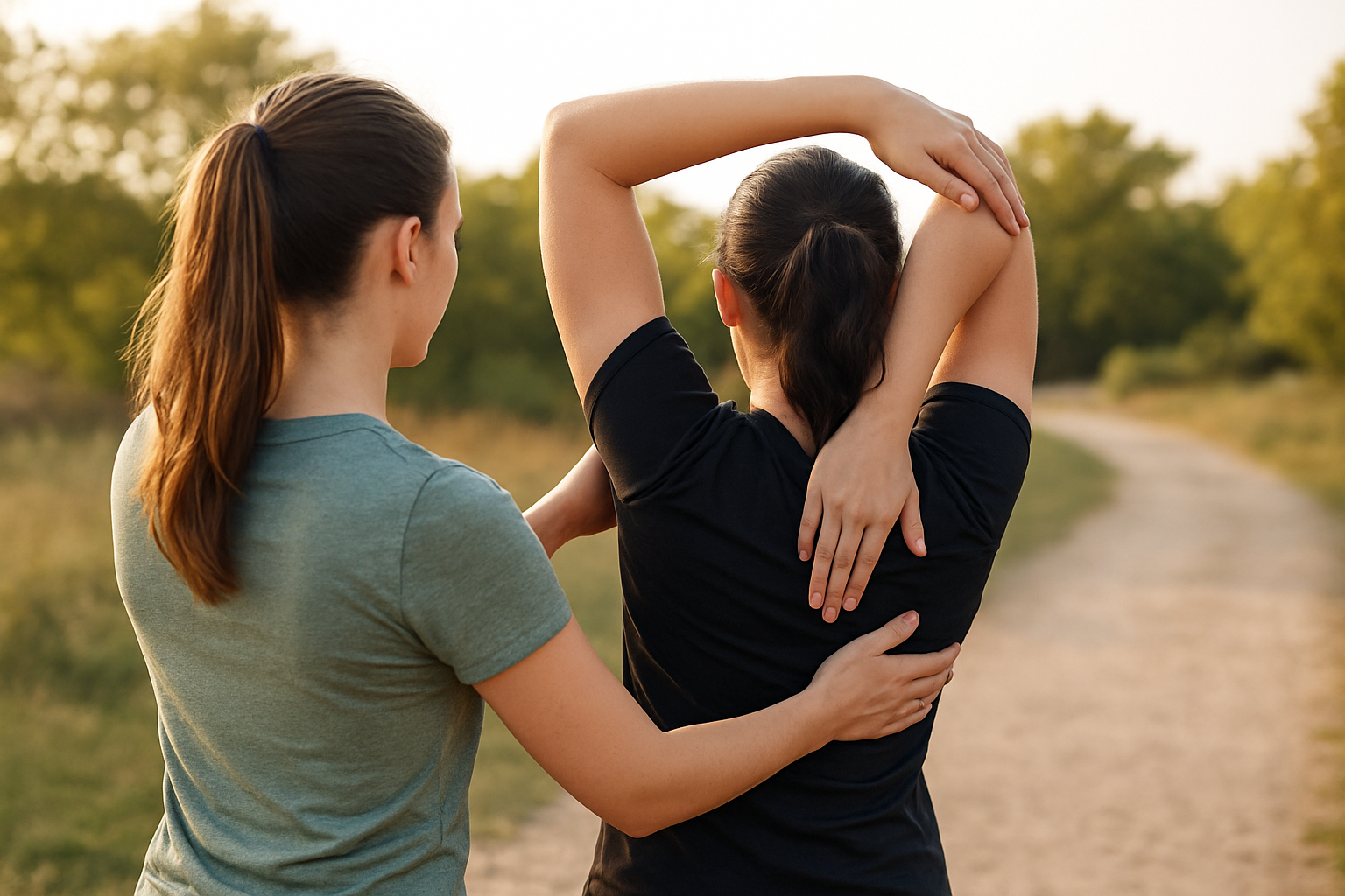 Two women stretching outdoors on a dirt path in a grassy field, with trees in the background during sunset.
