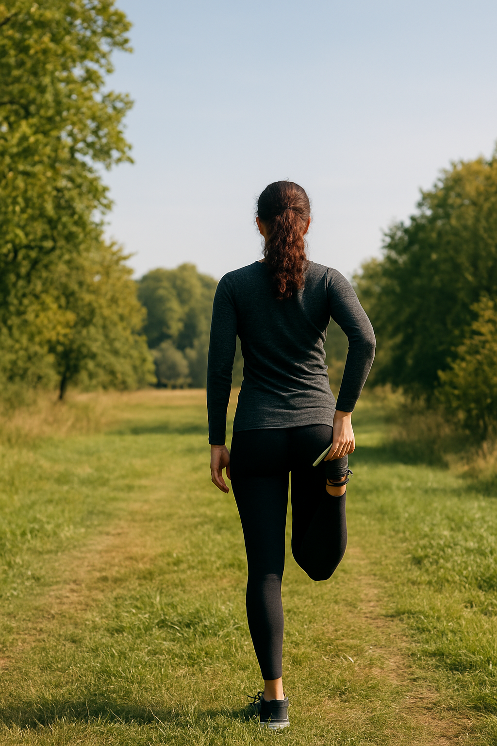 Woman in black workout clothes stretching on a grassy trail in a park with green trees.
