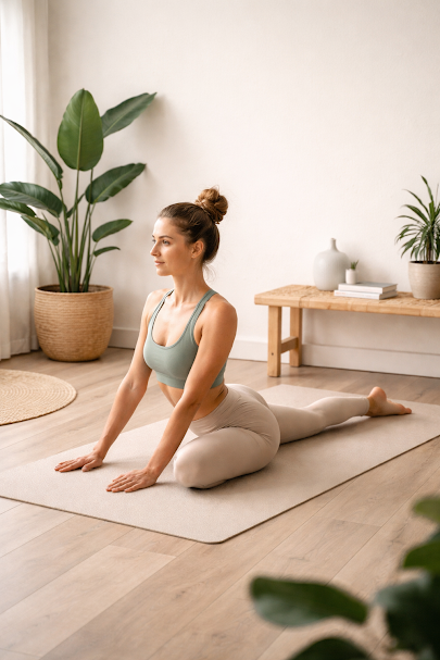 Woman practicing yoga on a mat in a bright, modern room with indoor plants and minimal decor.