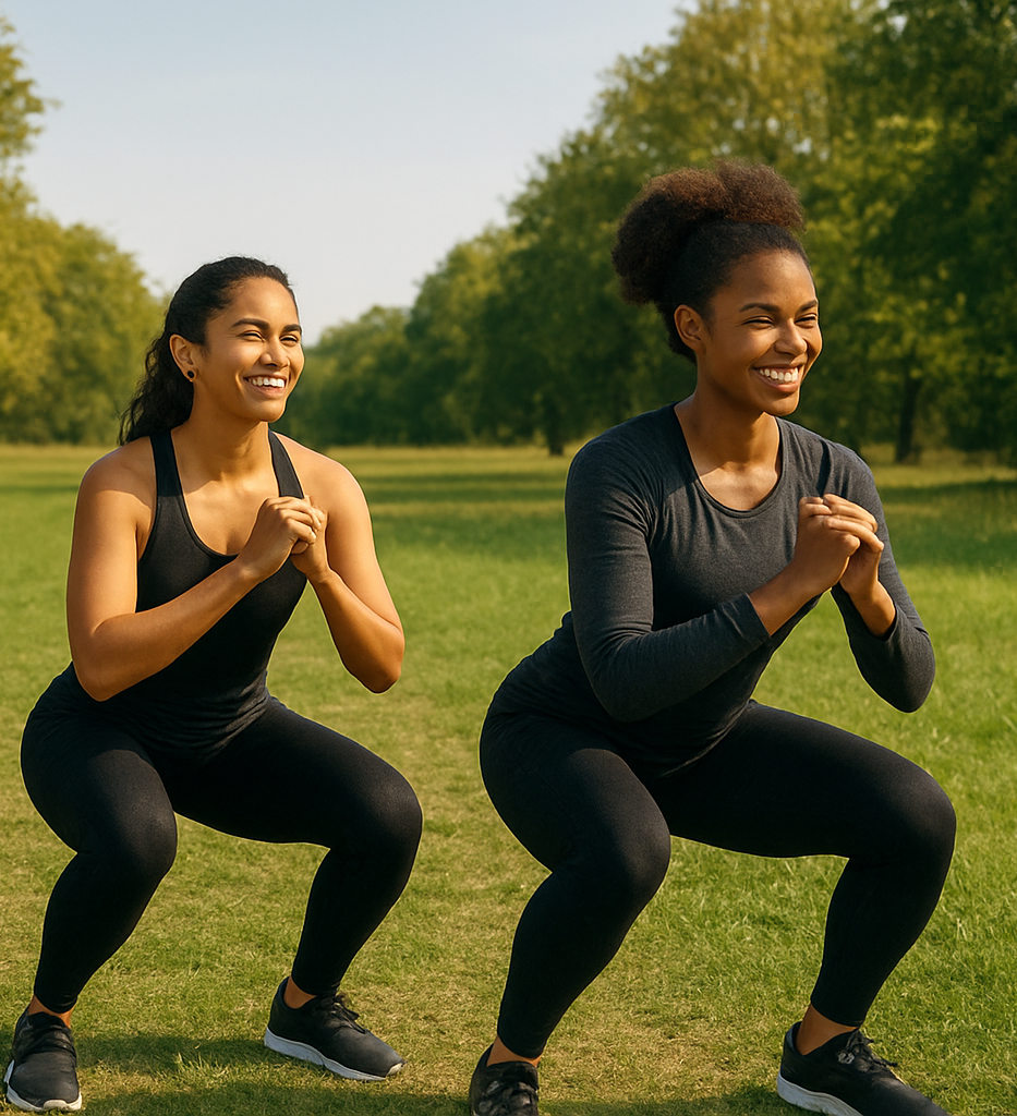 Two women exercising outdoors on grassy field, squatting with hands clasped in front, smiling.