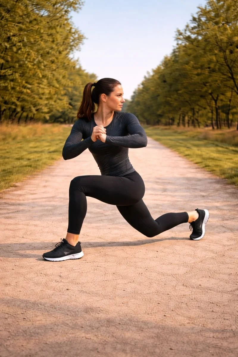 A woman in athletic clothing performing a lunge exercise on a dirt path surrounded by trees.