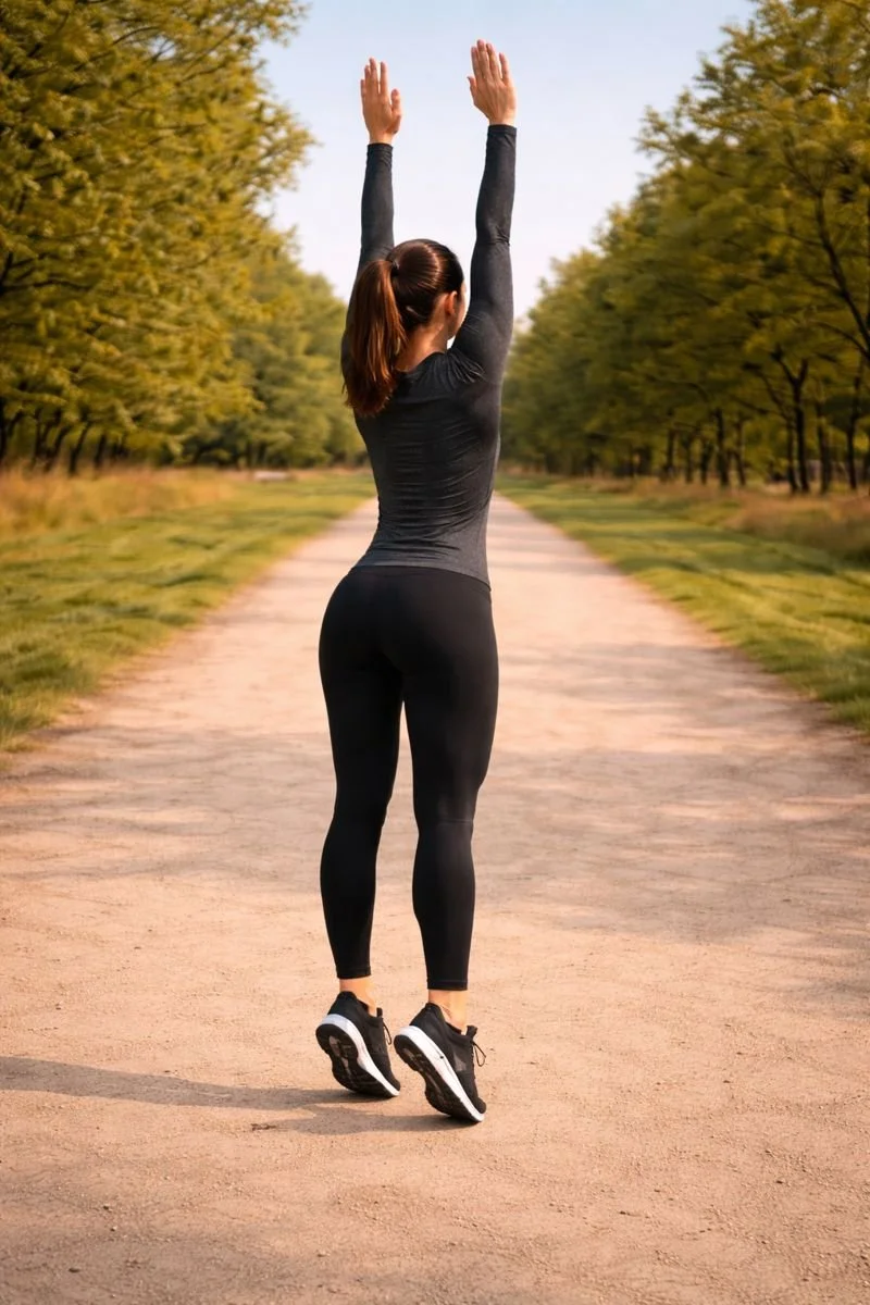 A woman in athletic clothing standing on a dirt path, stretching her arms upward, surrounded by trees on a sunny day.