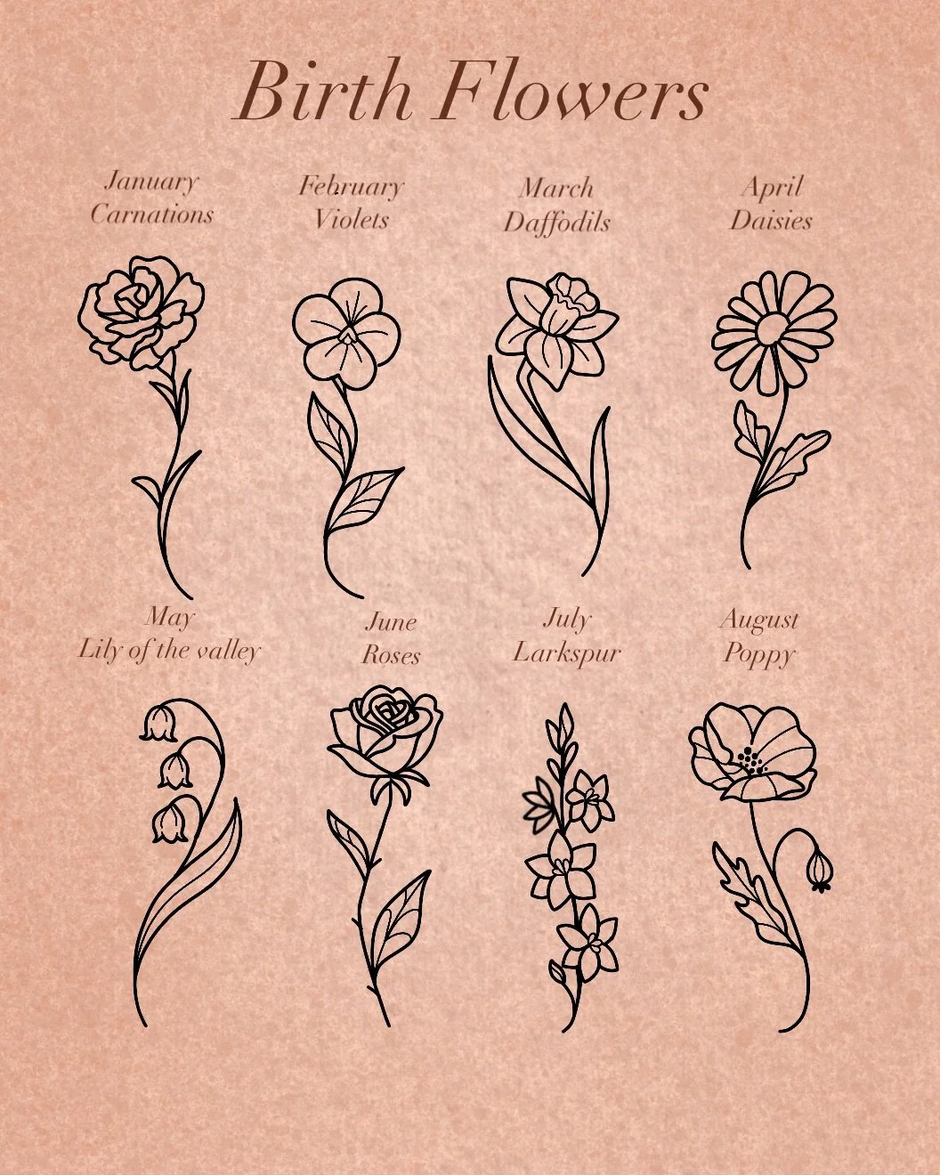 A chart titled 'Birth Flowers' showing eight different flowers for each month from January to August, including illustrations and their names.