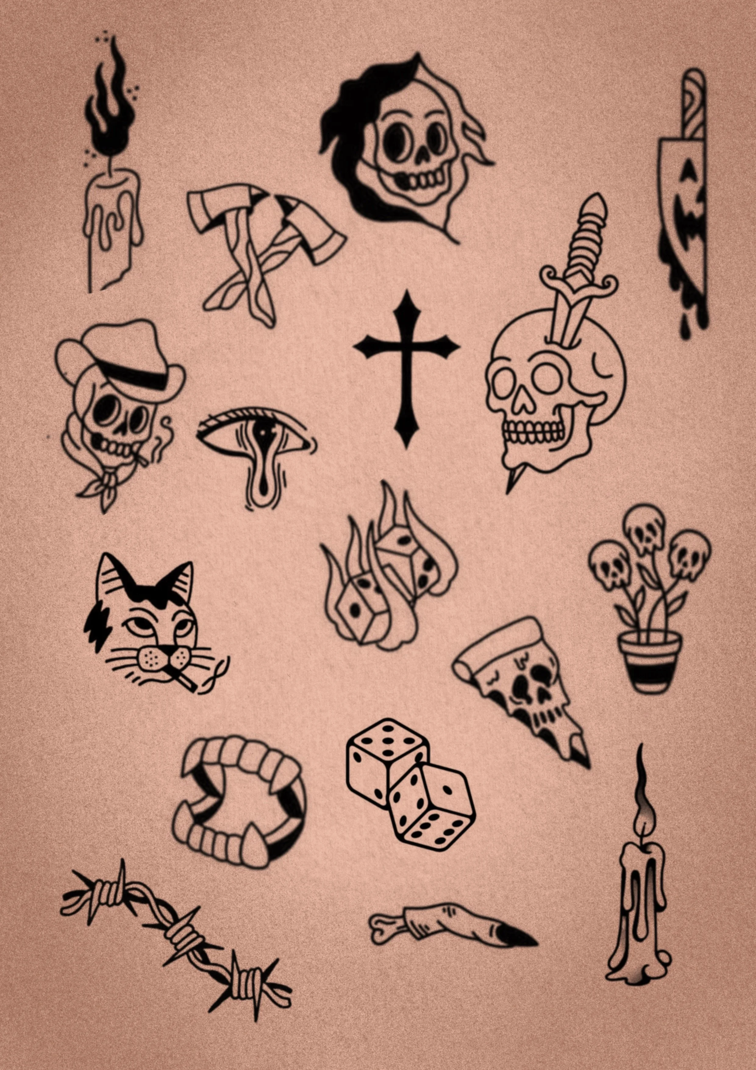 Collection of black tattoo-style illustrations on a pink background, including skulls, a cross, a dagger through a skull, a cat face, dice, candles, a barbed wire, and other gothic symbols.