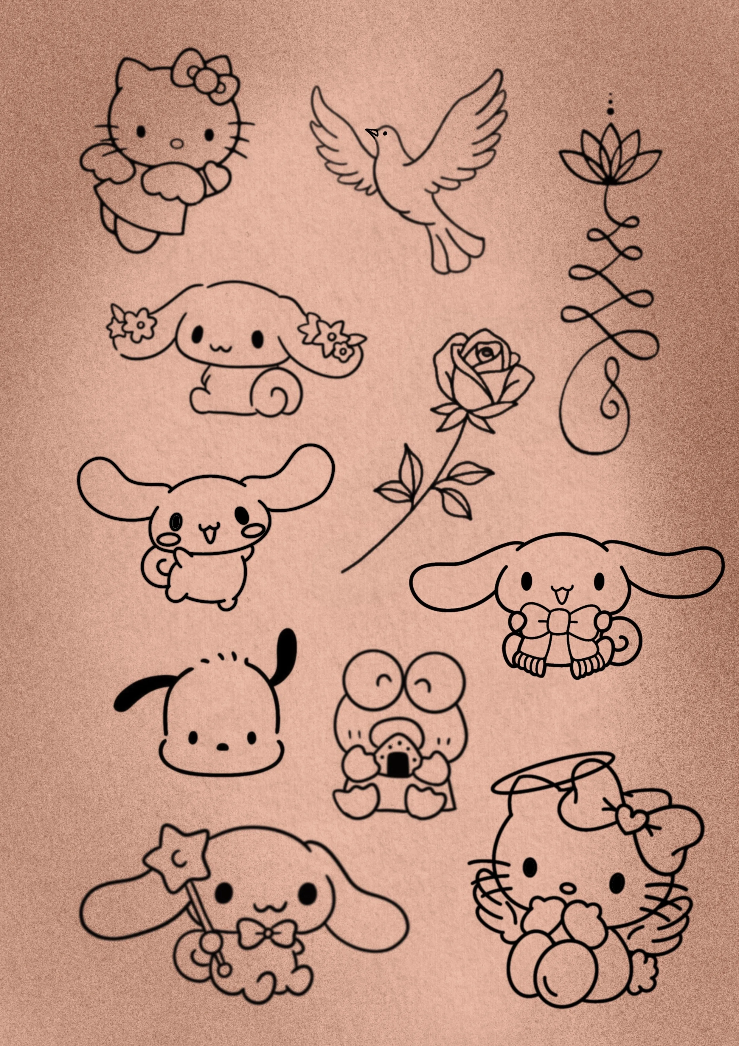 Collection of black outline cartoon characters and flowers on a pink background, including Hello Kitty, a dove, a lotus flower, a bunny, a dog, a frog, a butterfly, a cat, and a bunny with a magic wand.