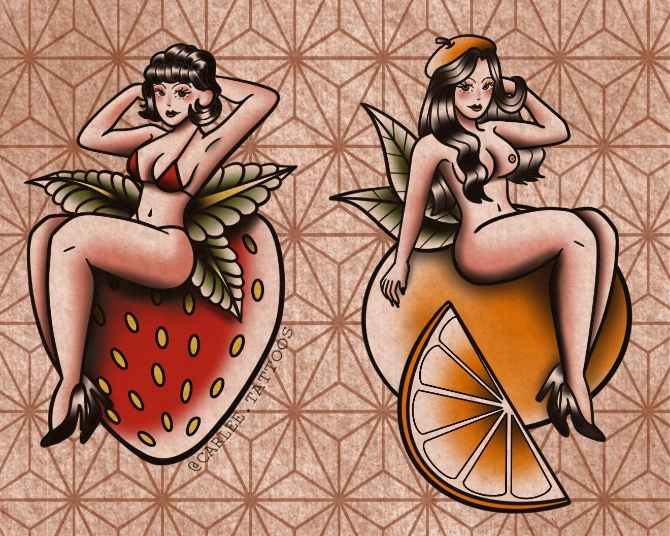 Two women with tattoo-style art, one sitting on a strawberry slice with leaf wings, the other on an orange slice with a leaf, with a textured geometric background.
