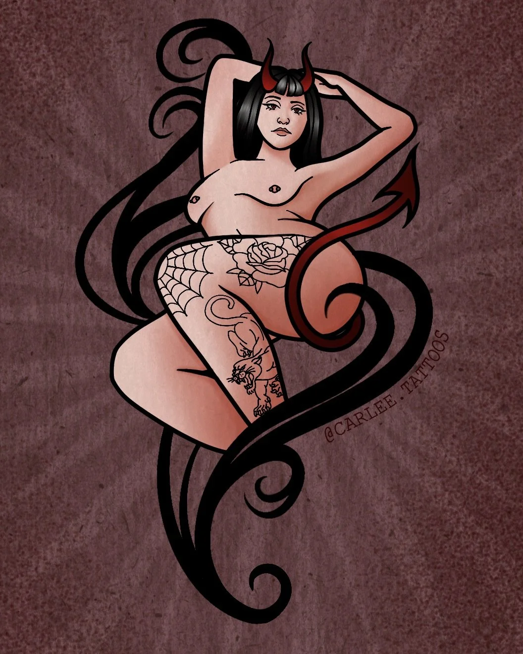 Tattooed woman with long black hair, horns, and devil tail, holding her arms above her head, sitting against textured dark background.