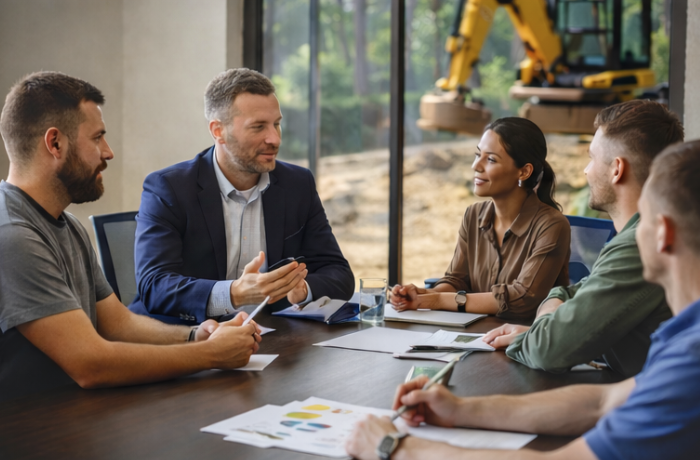 Construction leadership team meeting with operations consultant reviewing KPI reports and project plans.