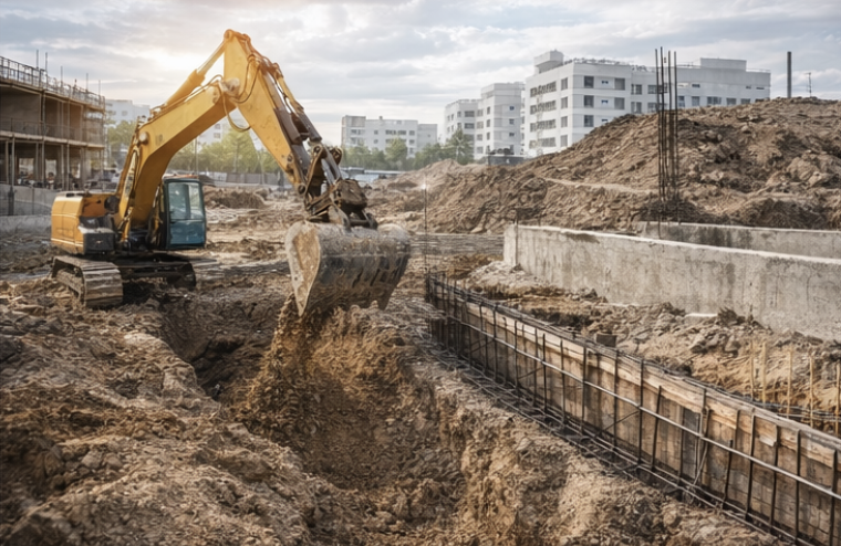 Construction site with a yellow excavator digging into the dirt, with buildings in the background. Excavation Companies utilizing ai artificial intelligence