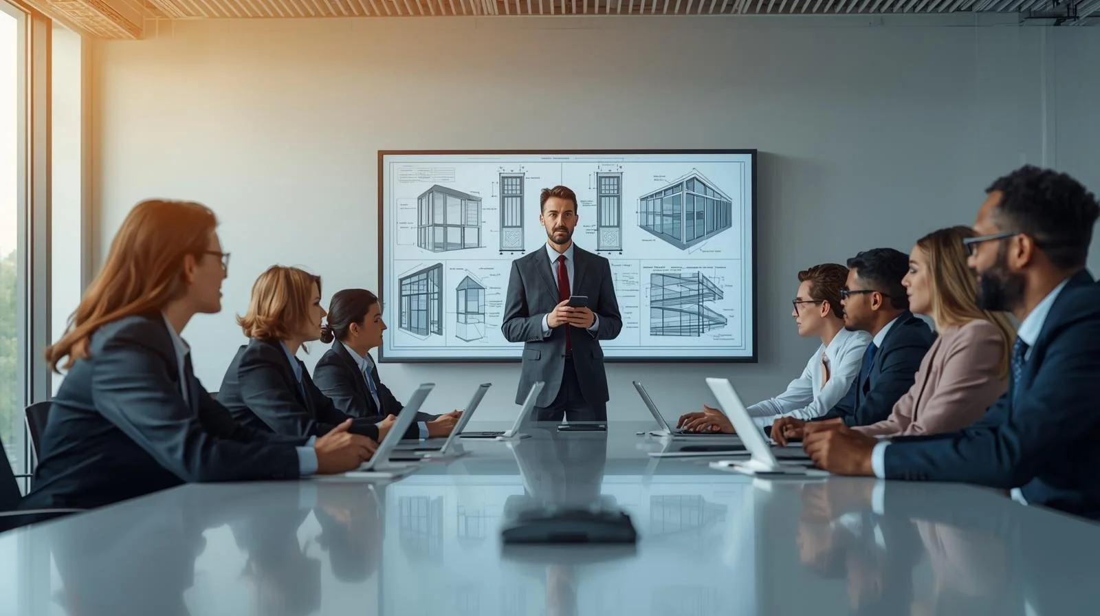 Business meeting in a conference room with individuals sitting at a table, using laptops, and a man standing at the front presenting architectural blueprints on a large screen. Ai consulting, operations optimization. ai implementation.