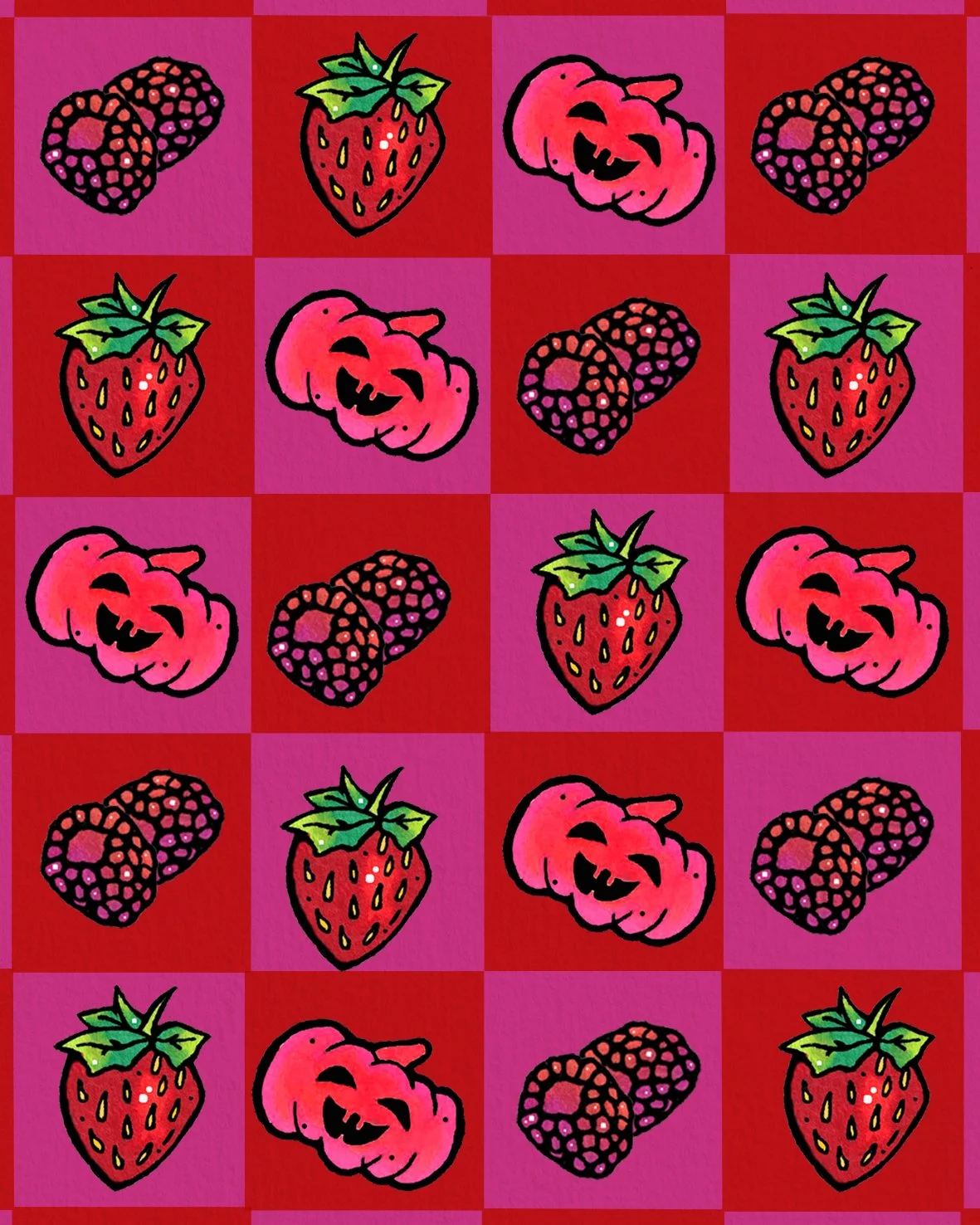 Berry and jack o' lantern checkerboard pattern - textile design