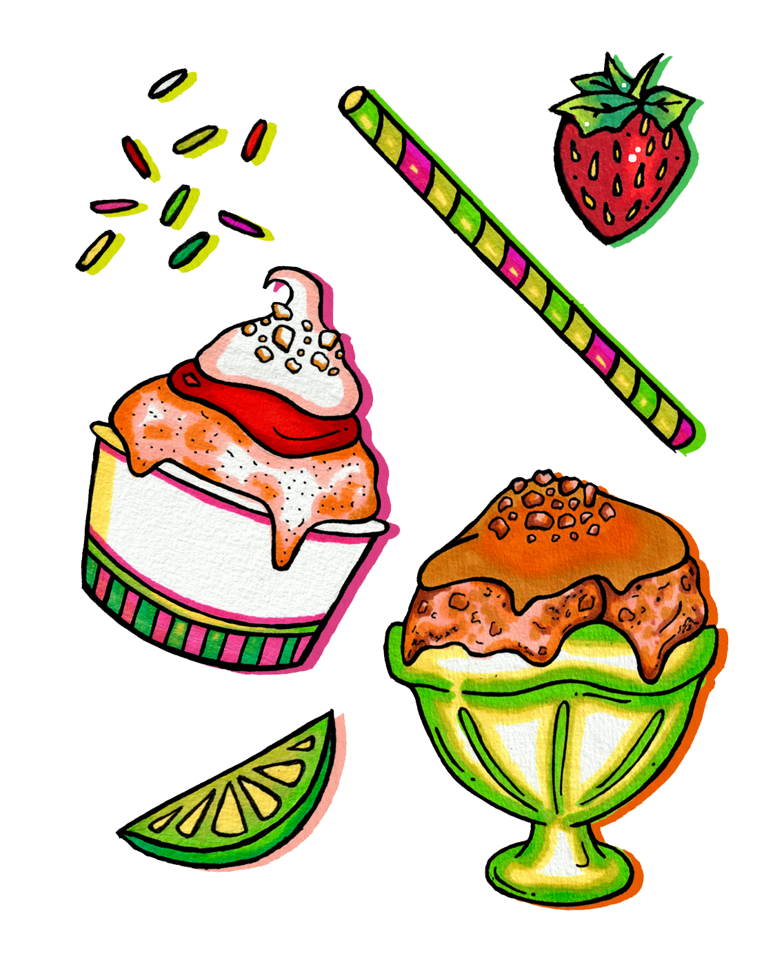 Ice cream, sprinkles, fruit, and straw individual graphics