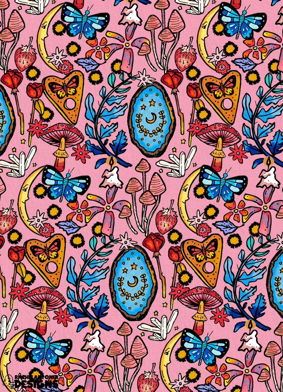 90s whimsigoth inspired pattern designed for a tween girl's bedding collection