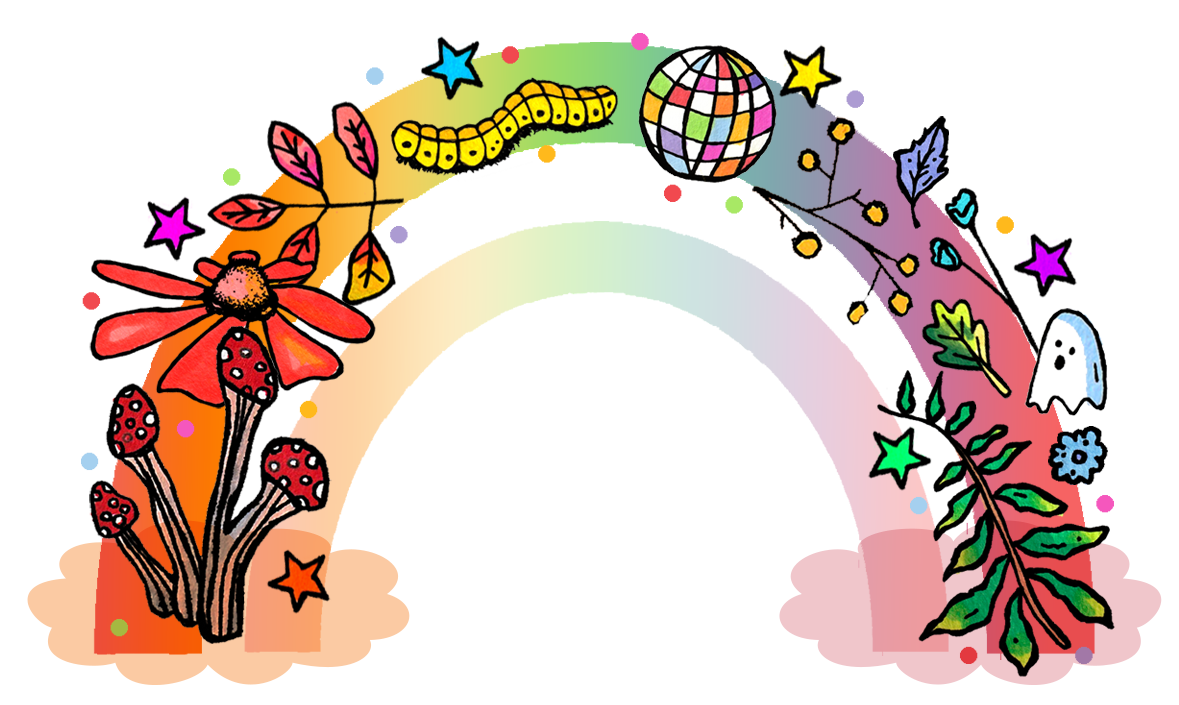 Illustrated rainbow with mushrooms, flowers, ghosts and a disco ball twirling around it