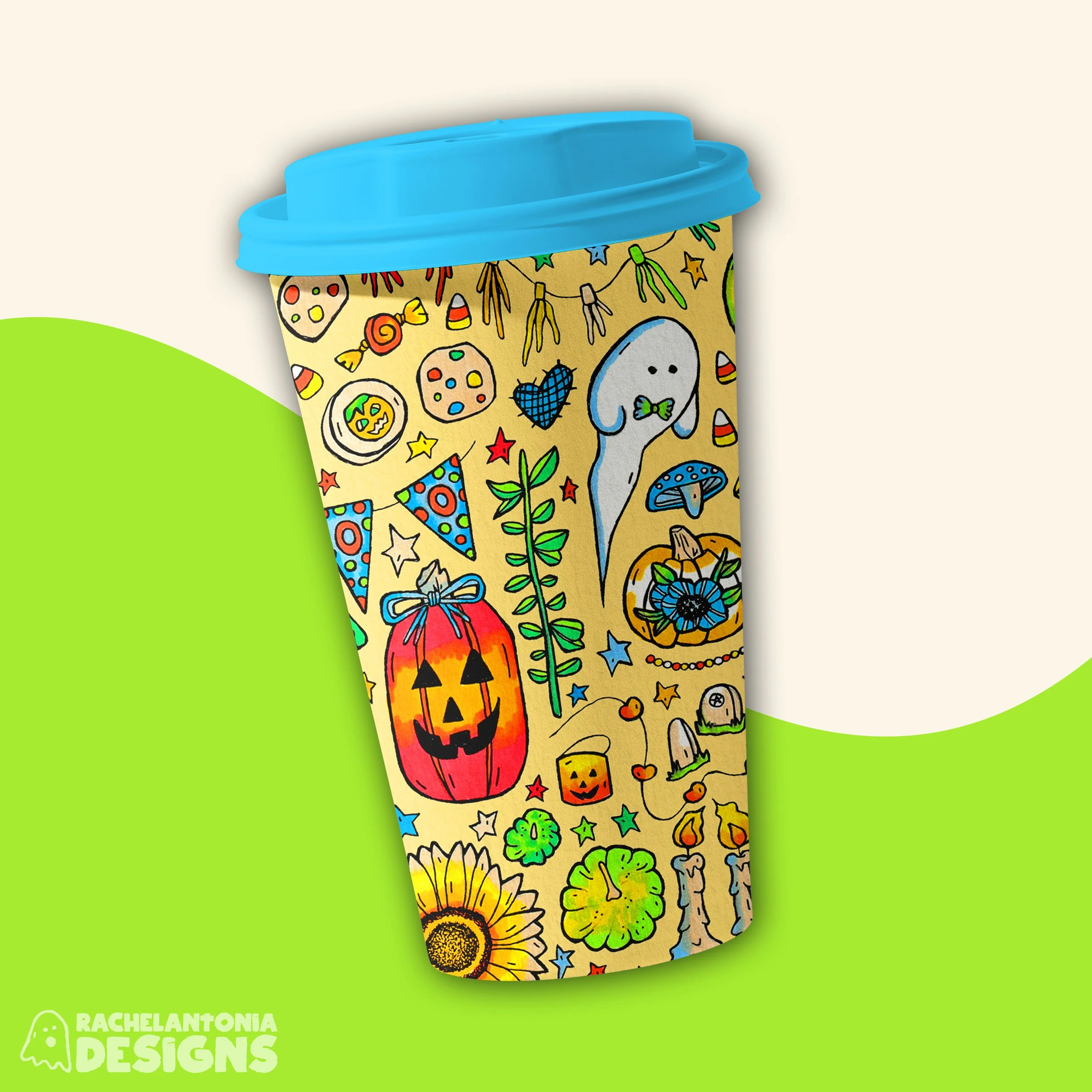 Nostalgic 90s Halloween pattern applied on a coffee cup