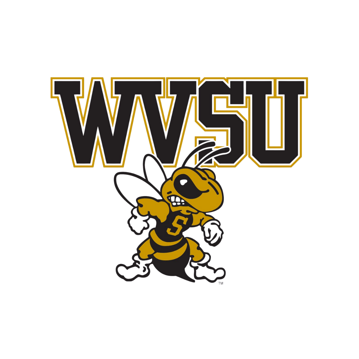 A graphic logo of a varsity mascot with a bee character wearing a jersey with number 5, pointing, and standing in front of large block letters spelling WSU with a golden outline.