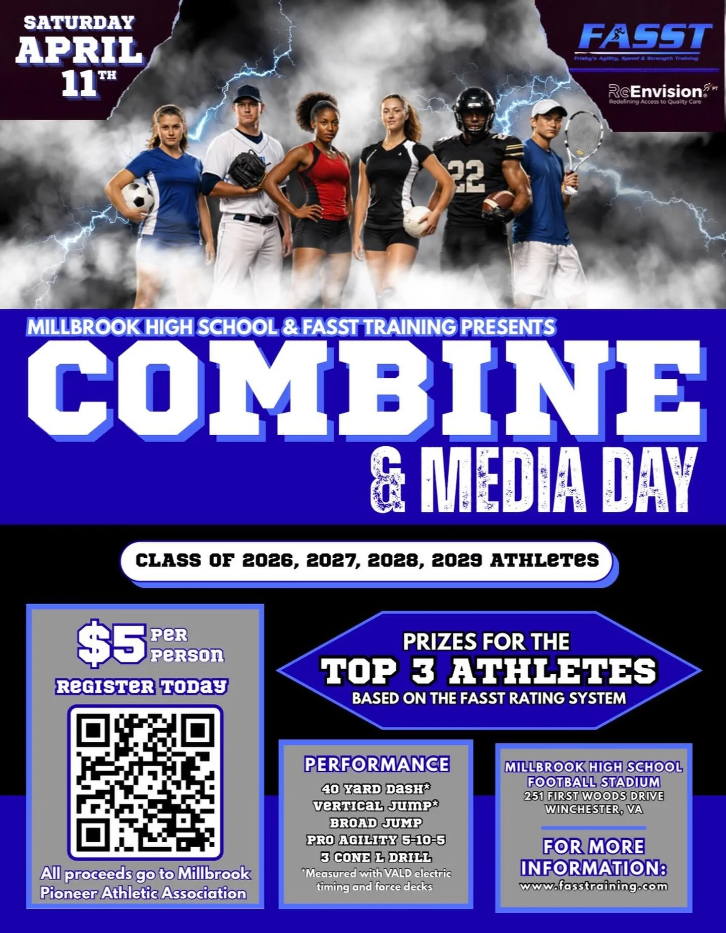 🚨 COMBINE &amp; MEDIA DAY 🚨

Athletes in the Classes of 2026&ndash;2029 &mdash; this is your chance to compete, get official numbers, and show out. 💪

📅 April 11
📍 Millbrook High School Football Stadium
💲 $5 per athlete

Athletes will be tested