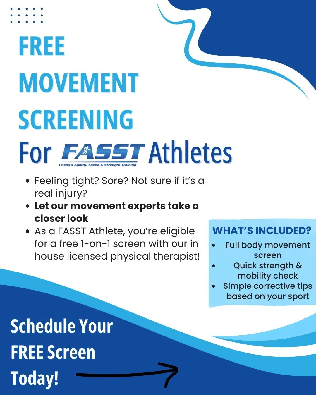 Feeling tight, sore, or just off but not sure why?

As a FASST athlete, you&rsquo;re eligible for a FREE 1-on-1 movement screening with our in-house licensed physical therapist from @reenvision_pt 

✅Full body movement screen 
✅Quick Strength &amp; m