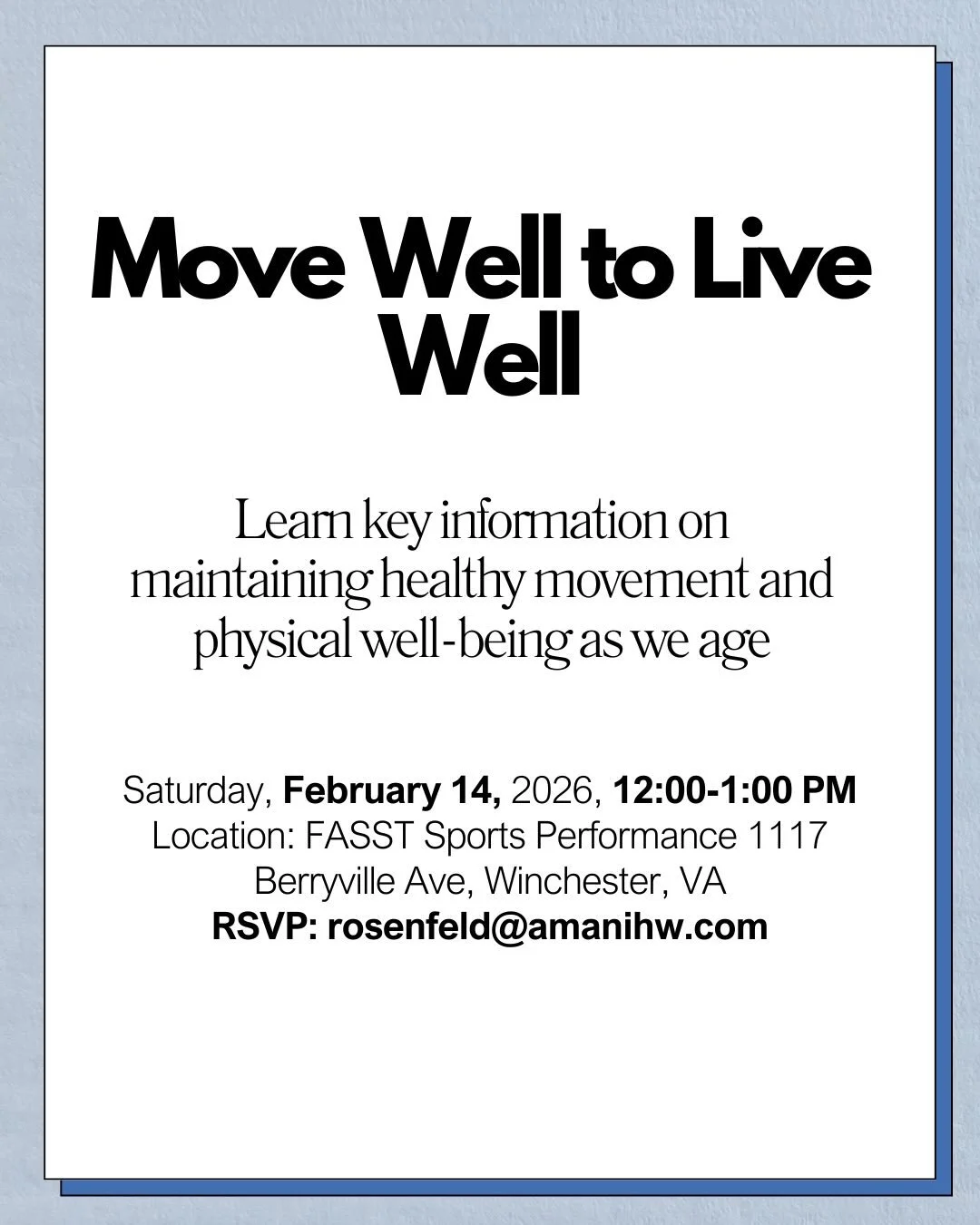 Move well now so you can live well later 💪
Join us for Move Well to Live Well, an educational event focused on healthy movement, longevity, and staying strong as we age

Saturday, February 14,2026
12:00-1:00 PM
FASST Sports Performance | Winchester,