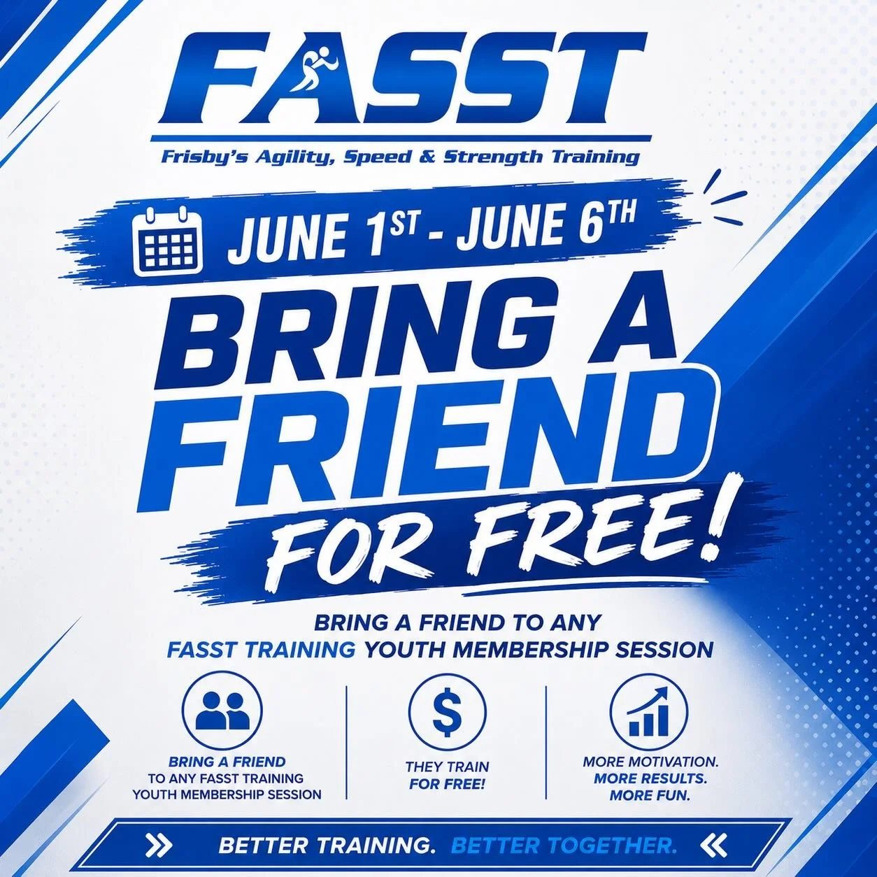 🚨 BRING A FRIEND FOR FREE! 🚨

Training is always better with a teammate. From June 1st to June 6th, we are opening up our doors! Bring a friend along to any FASST Training Youth Membership session, and they train completely free.

🙌 More motivatio