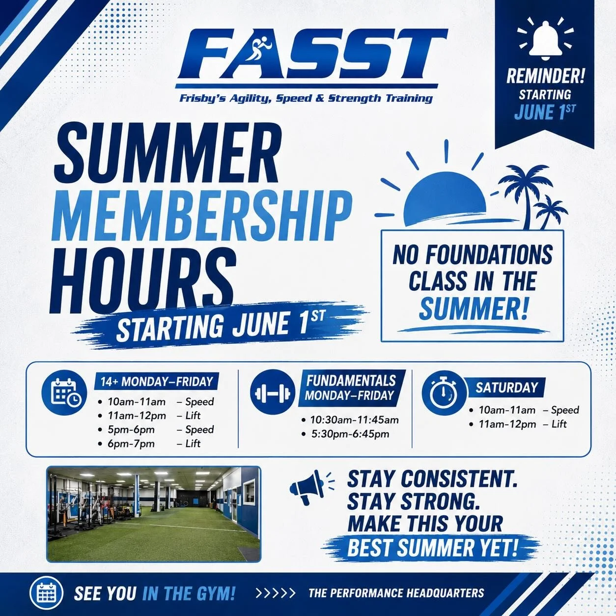 ☀️ SUMMER HOURS START JUNE 1ST! ☀️

School is out, which means it&rsquo;s time to shift into our summer training schedule! Check out our updated hours for our 14+, Fundamentals, and Saturday sessions starting next Monday, June 1st.

⚠️ Important Note