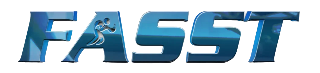 3D logo with the word "FAST" in metallic blue, featuring a swimmer icon replacing the letter A.