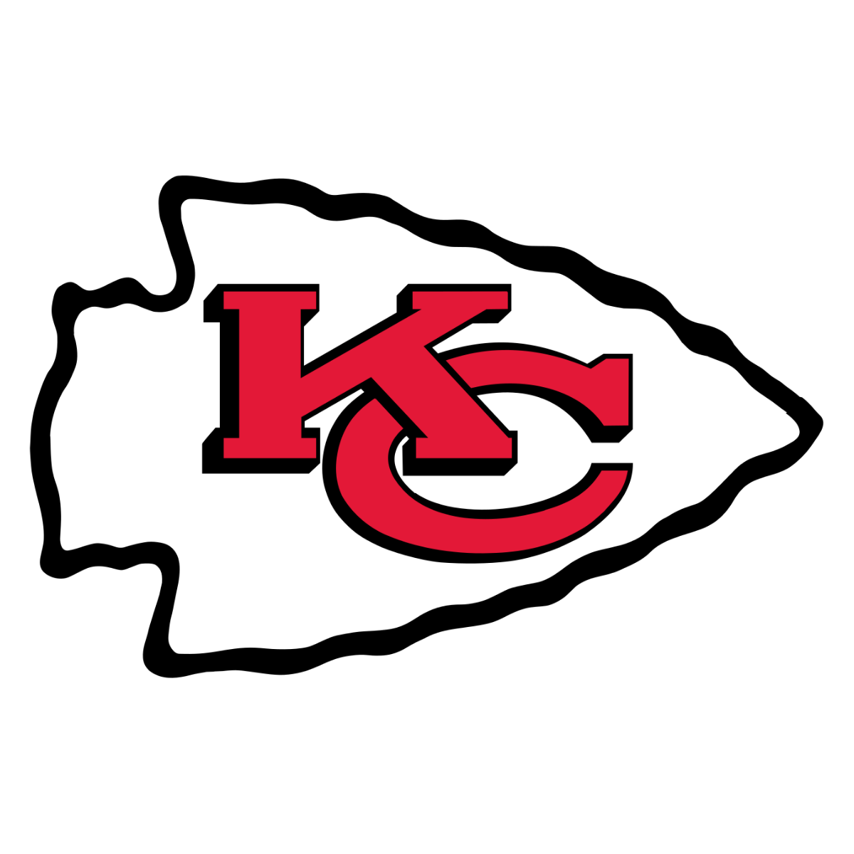 Kansas City Chiefs logo featuring a red 'KC' emblem on a white arrowhead shape with a black outline.