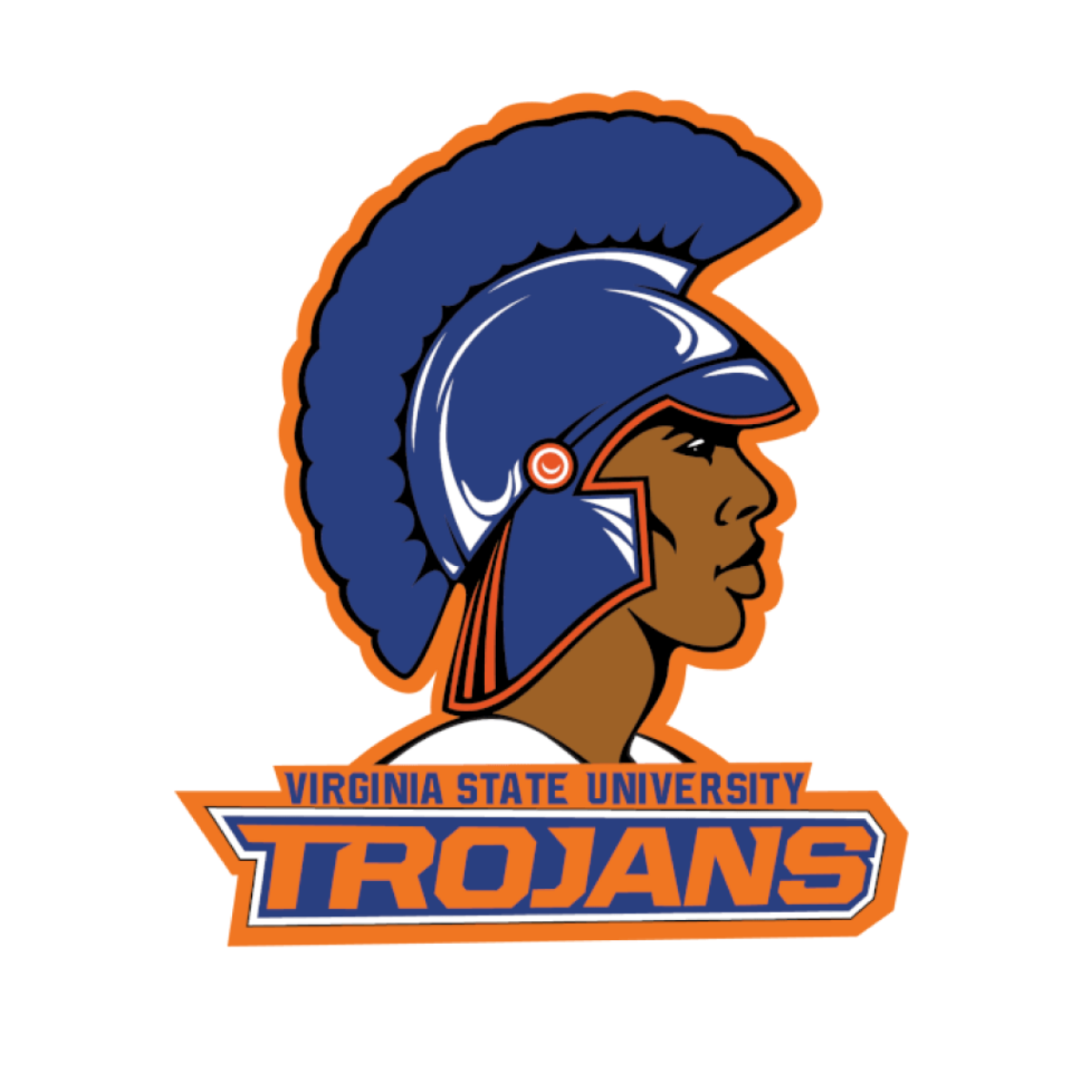 Virginia State University Trojans logo featuring a side profile of a Trojan wearing a blue helmet with a crest and a feathered plume, with the text "Virginia State University Trojans" below.