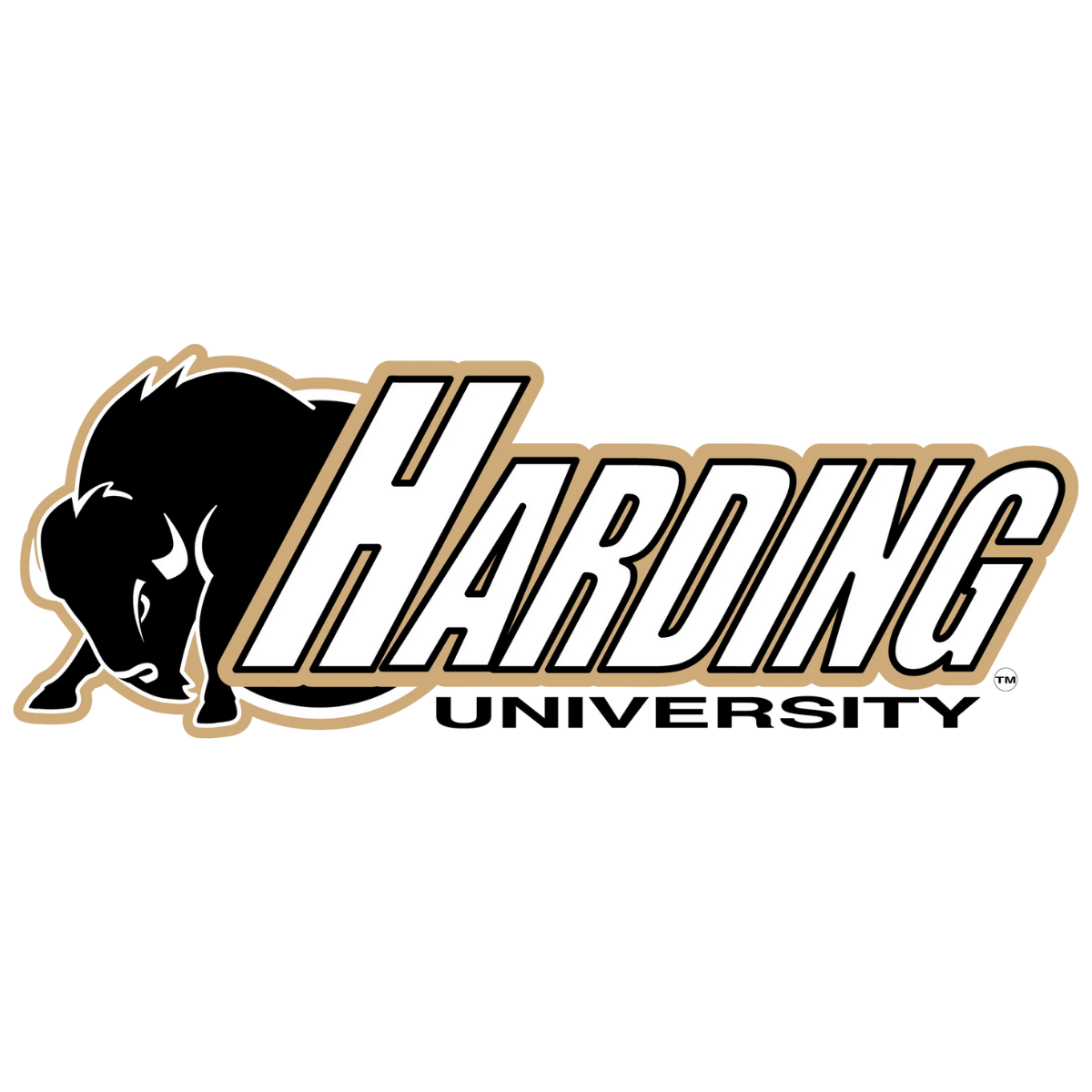 A logo with a black buffalo and the word 'HARDING' in bold, angled white letters outlined in black and beige.
