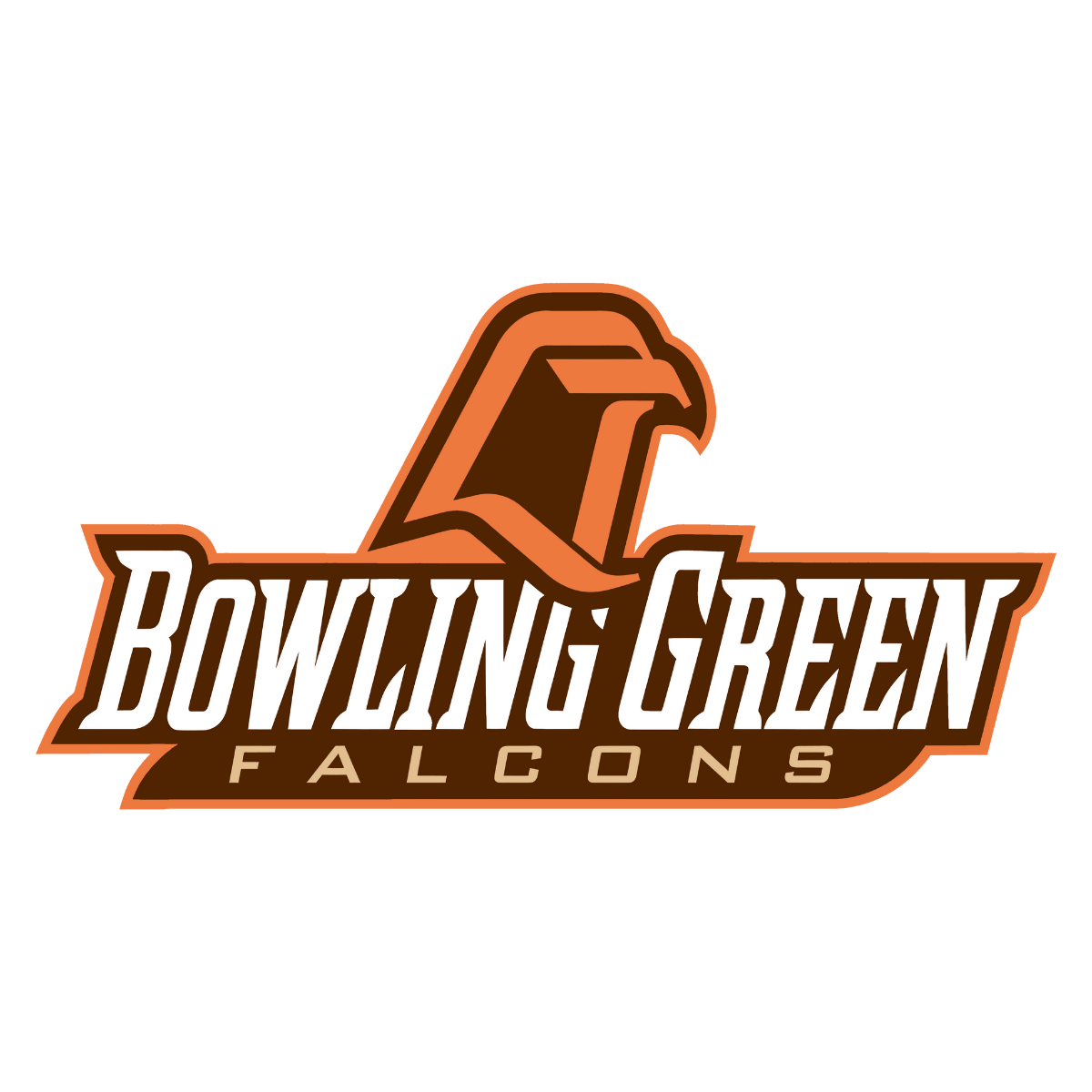Bowling Green Falcons logo featuring a falcon's head and stylized team name in brown, orange, and white colors.