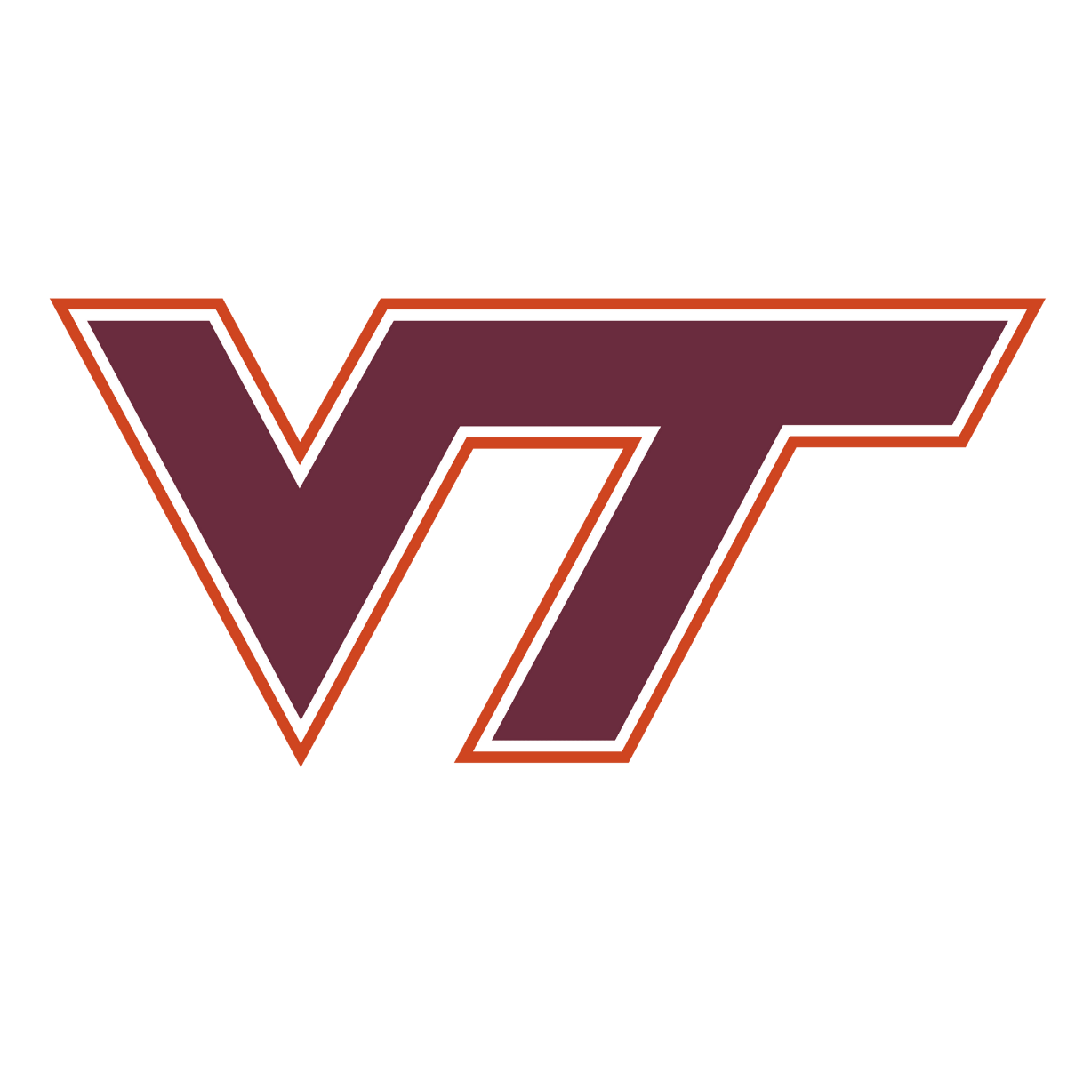 Virginia Tech logo featuring maroon letters V and T with white and orange outlines