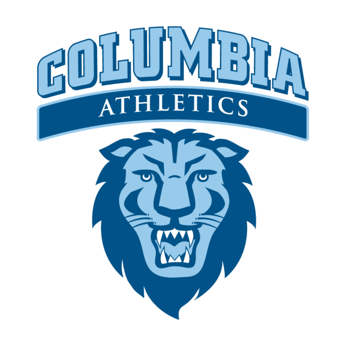 Columbia Athletics logo featuring a fierce lion's head in shades of blue and the words 'Columbia Athletics' in blue and white text.