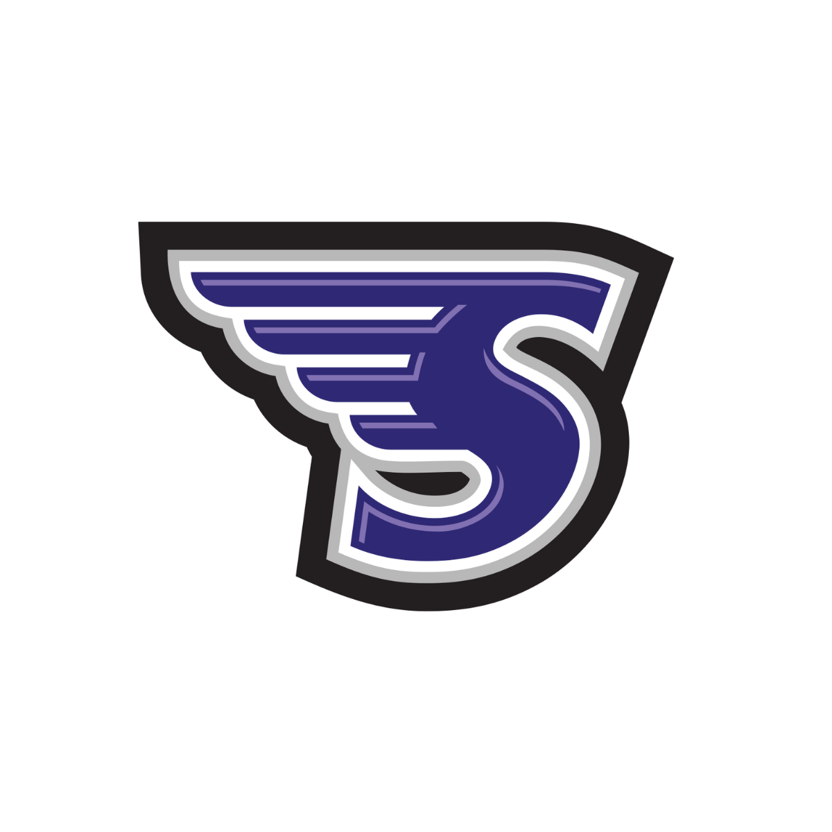 Stylized logo with a large navy blue letter 'D' featuring wing-like lines, outlined in white and black.