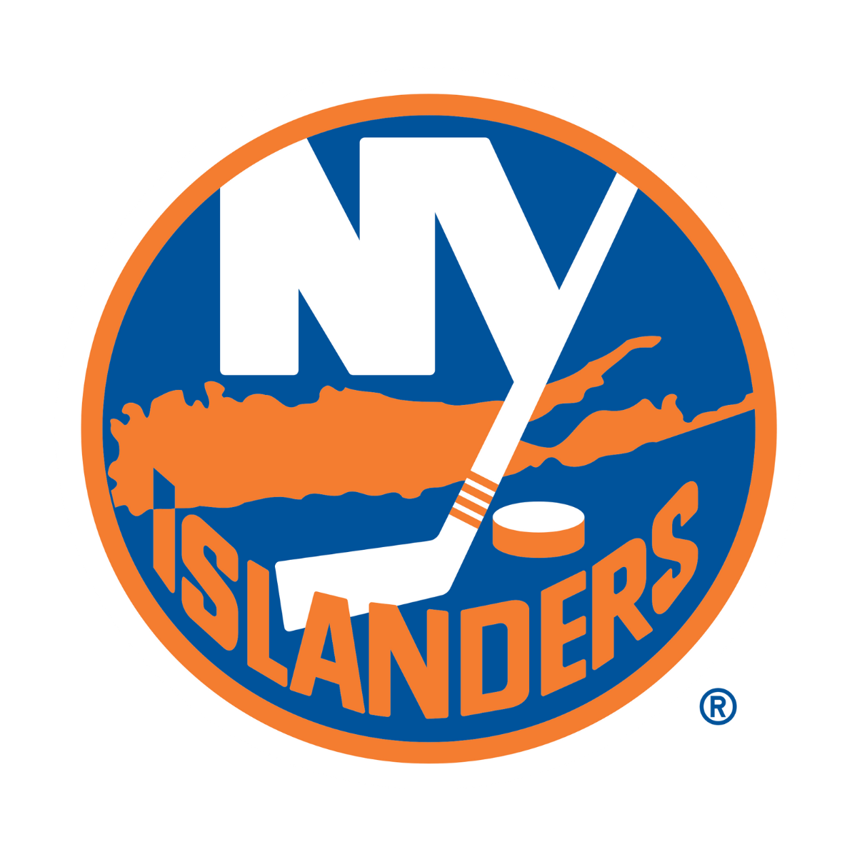 Official logo of the New York Islanders hockey team featuring a stylized hockey stick and puck, with the team name in bold white and orange letters, all within a circular design.