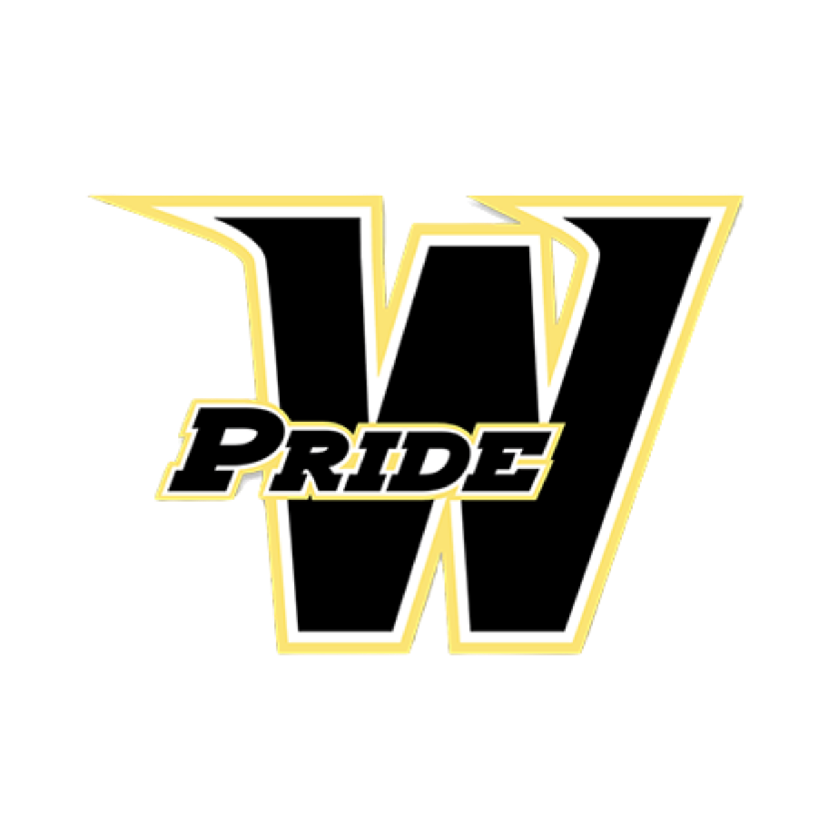 Logo with a large black letter W outlined in white and gold, with the word PRIDE in bold black letters across the middle.
