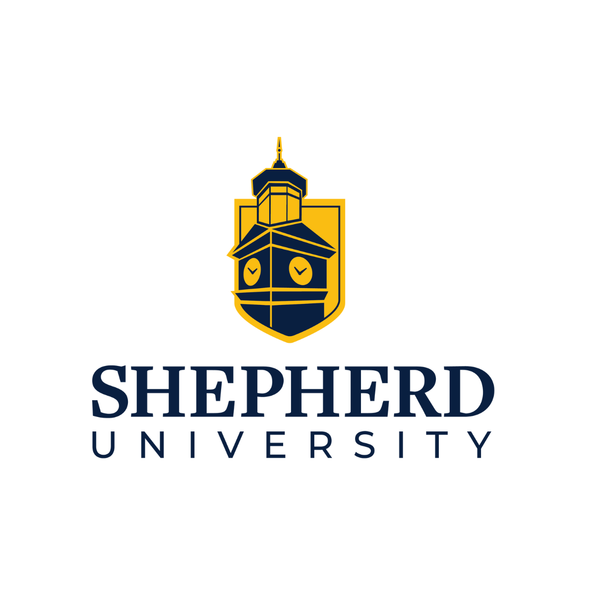 Shepherd University logo featuring a stylized clock tower with a shield outline in navy and gold colors, and the name 'SHEPHERD UNIVERSITY' below in navy text.