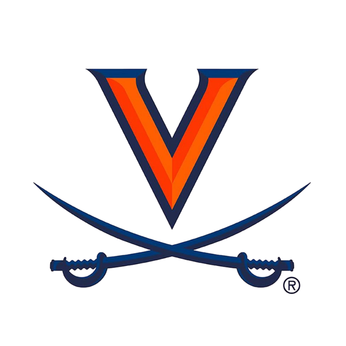 Logo featuring a large orange and blue letter V, with crossed swords below it.