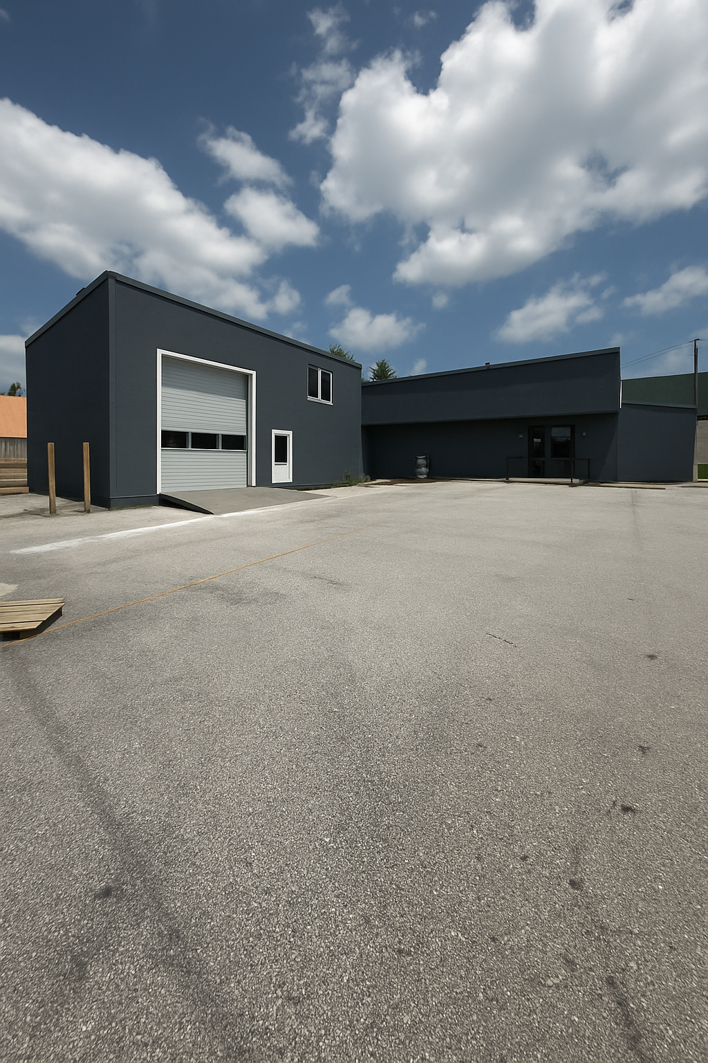 Modern, dark gray commercial building with a large garage door and small windows, situated in a mostly empty lot under a partly cloudy sky.