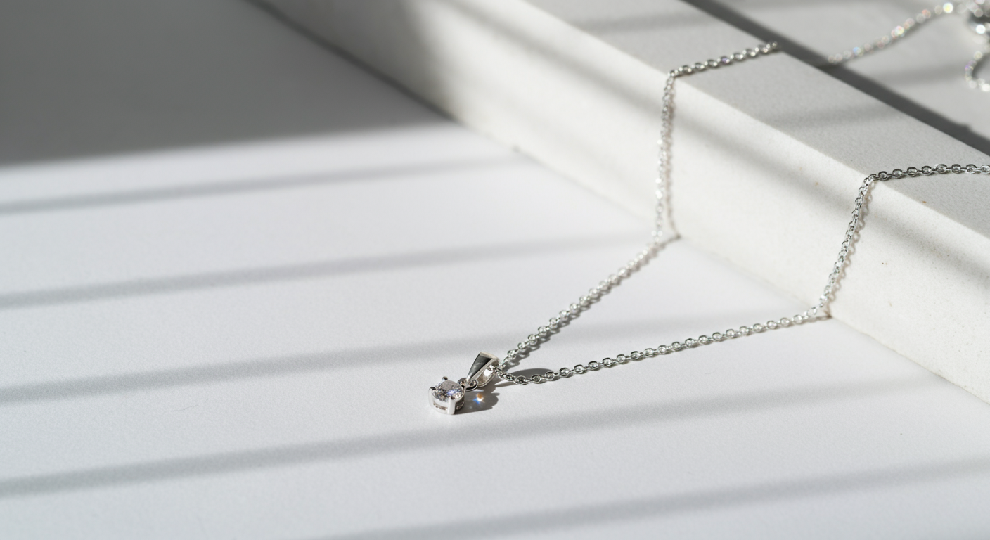 Silver necklace with a round diamond pendant resting on a white surface with shadows from window blinds.