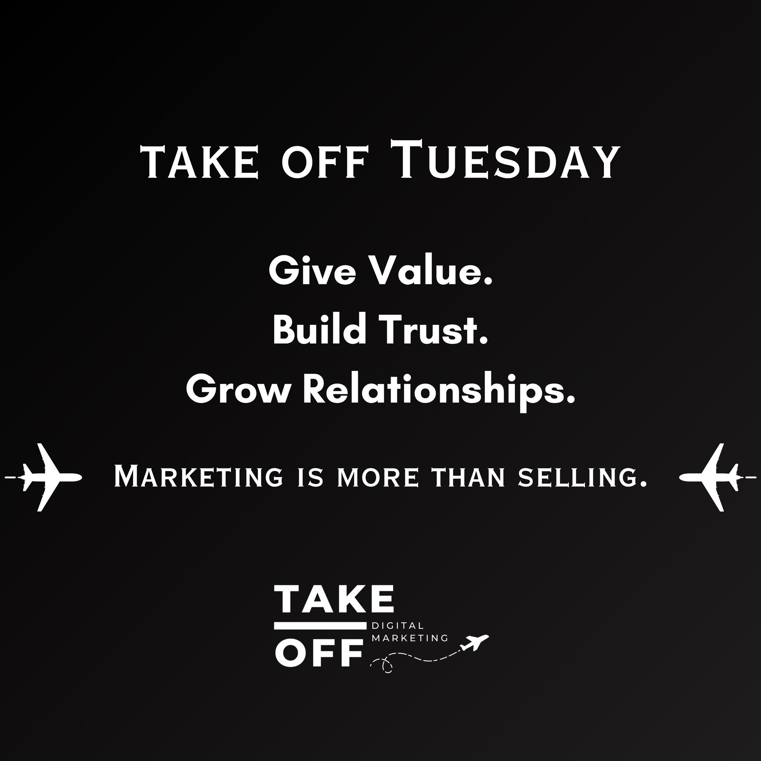 Take Off Tuesday ✈️ 

Not every post needs to sell something.

Teach something.
Answer a question.
Tell a story.
Make someone laugh.

Build the relationship first. The sale will follow. 🤝

#marketing #takeoff #sales #relationships #growth