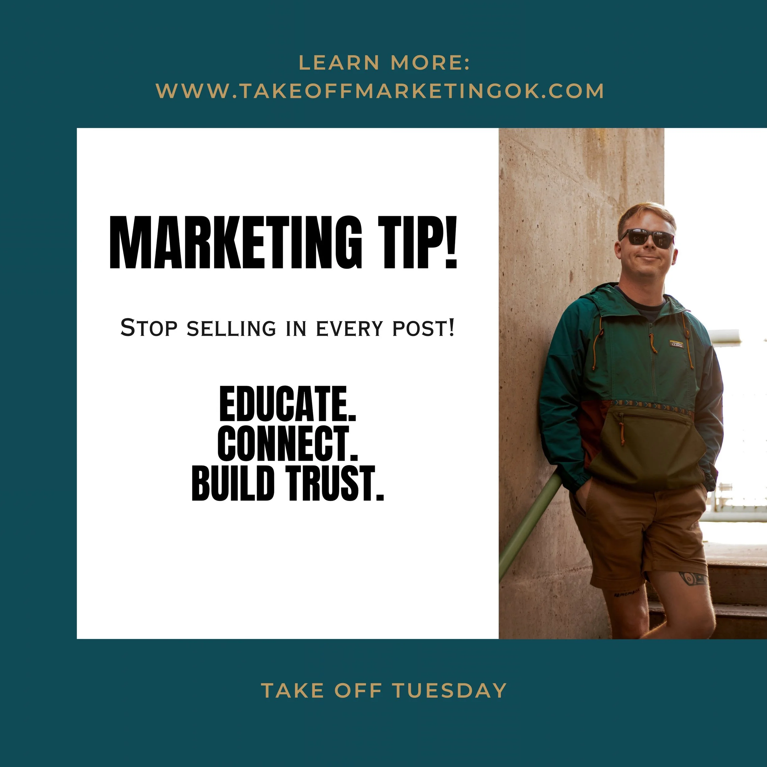TAKE OFF TUESDAY: MARKETING TIP! ✈️

Stop selling in every post! 🛑 

Give your audience a reason to follow you by mixing in helpful tips, behind-the-scenes content, and posts that start conversations. 

Build the connection first, and the sales can 