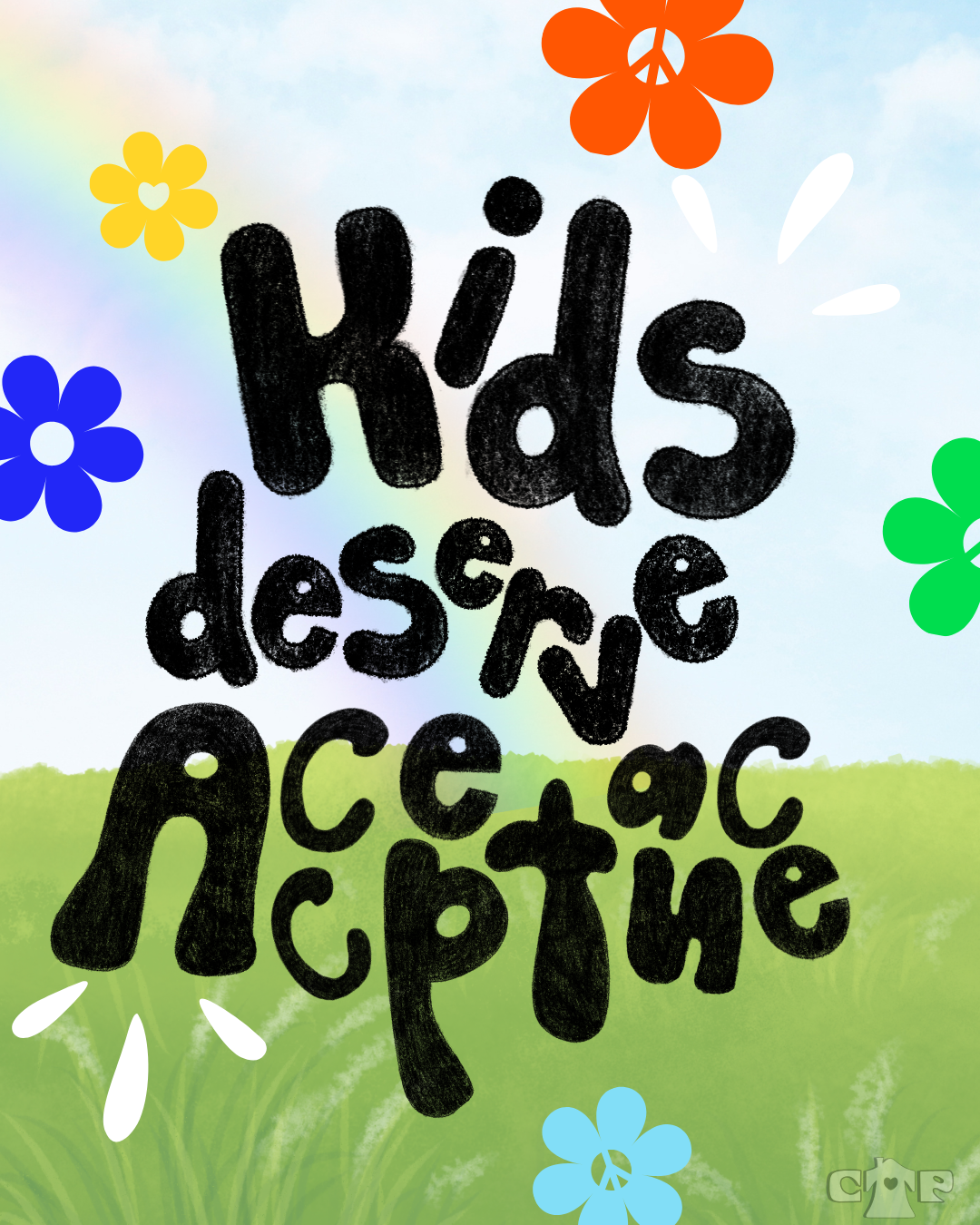 Colorful drawing with the words 'Kids deserve a peaceful' written in large black letters, surrounded by bright flowers and a rainbow in a grassy field background.