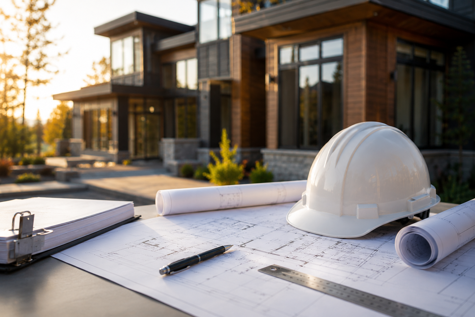 Architectural blueprints, a white safety helmet, and a pen on a table outdoors in front of modern wooden houses.