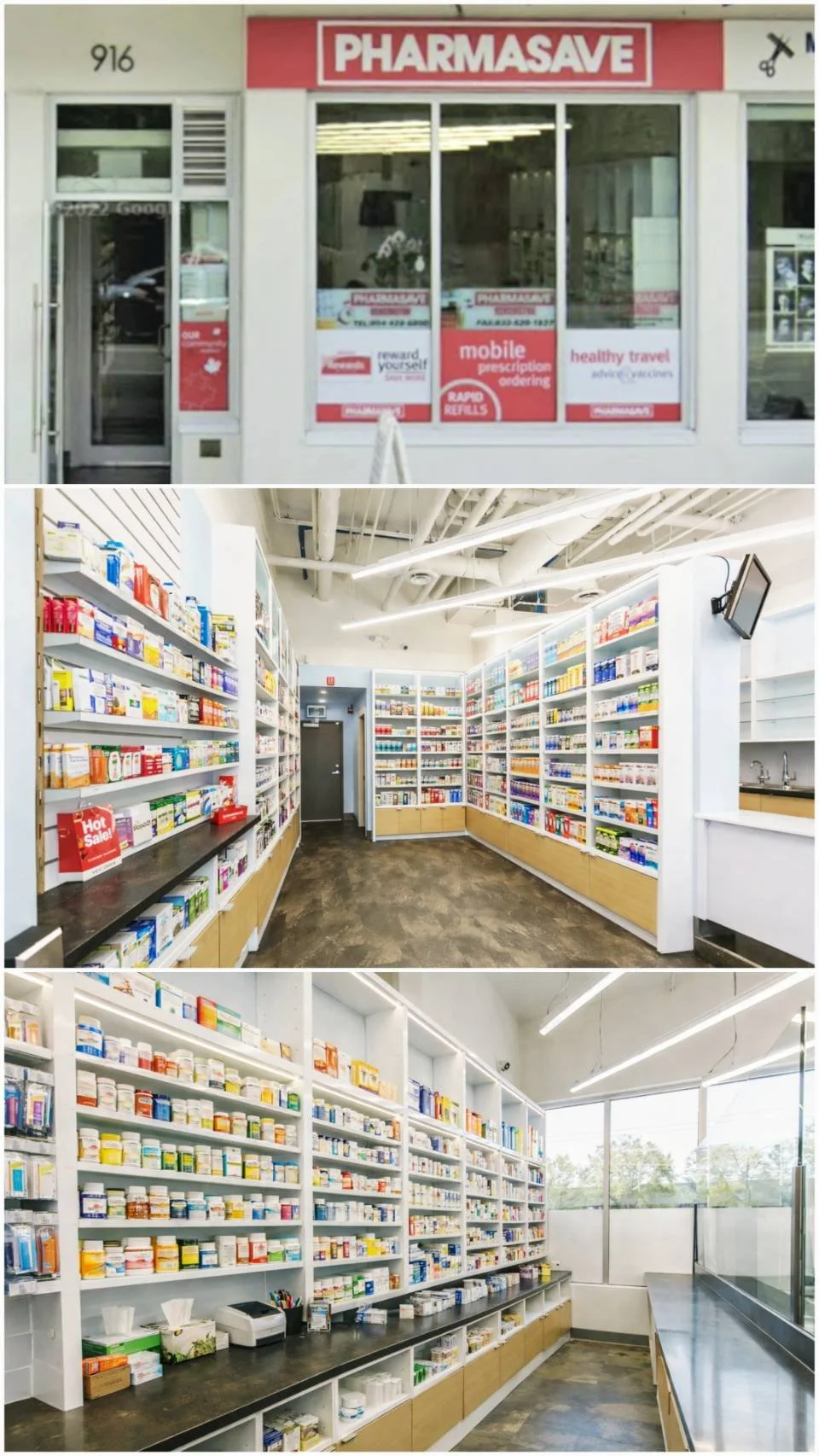 Facade of a pharmacy named Pharmasave with large glass windows displaying advertisements for prescription services, located at 916. Inside, the pharmacy contains multiple shelves stocked with various medications and health products, featuring modern white and wood cabinetry, bright lighting, and a clean, organized layout.