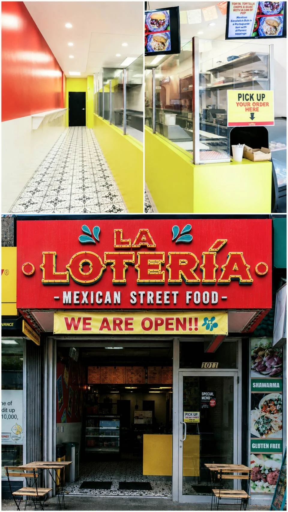 The photo shows the interior and exterior of a Mexican street food restaurant called La Lotería. The interior features a brightly colored yellow counter with a glass partition, digital menu screens, and a sign for pick-up orders. The exterior has a red storefront sign with yellow and white lettering announcing the restaurant is open, and outdoor seating with small tables and chairs.