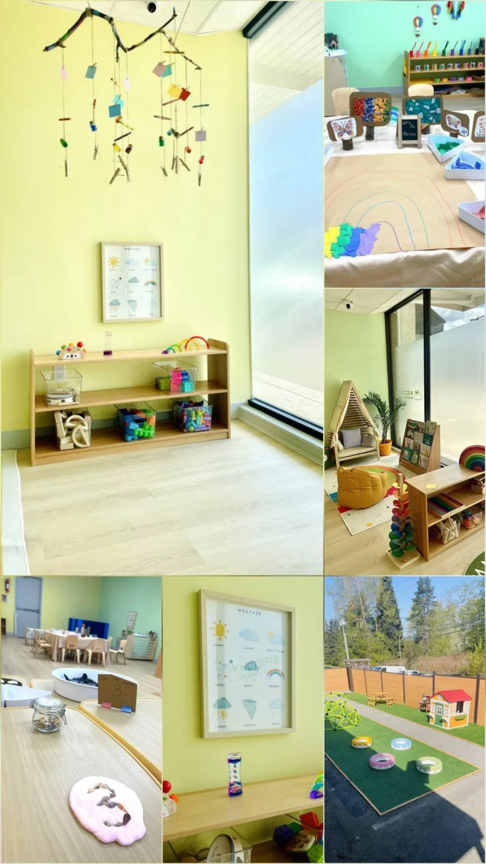 Set of colorful indoor children's play and learning spaces with toys, books, and decorations, including an outdoor playground area.