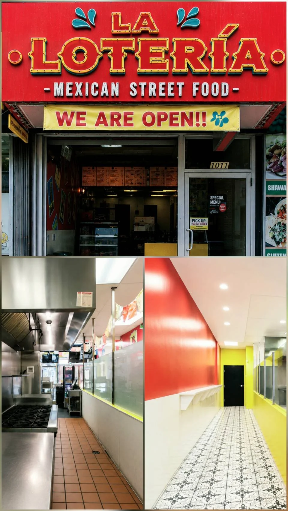 The first image shows the exterior of a Mexican street food restaurant named La Lotería with a bright red sign and yellow banner saying 'We Are Open'. The second image depicts an empty kitchen with stainless steel appliances and a tiled floor. The third image shows a colorful, modern interior corridor with a red and yellow wall, ceiling lights, and black-and-white patterned floor tiles.