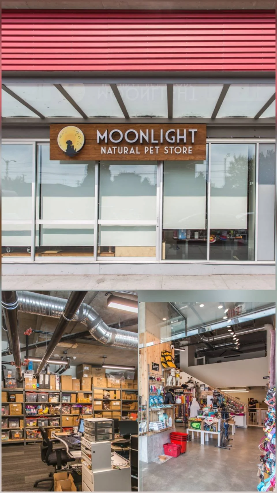 Photo of a store front named Moonlight Natural Pet Store with large glass windows and a wooden sign, showing the interior with storage shelves, boxes, and pet supplies.